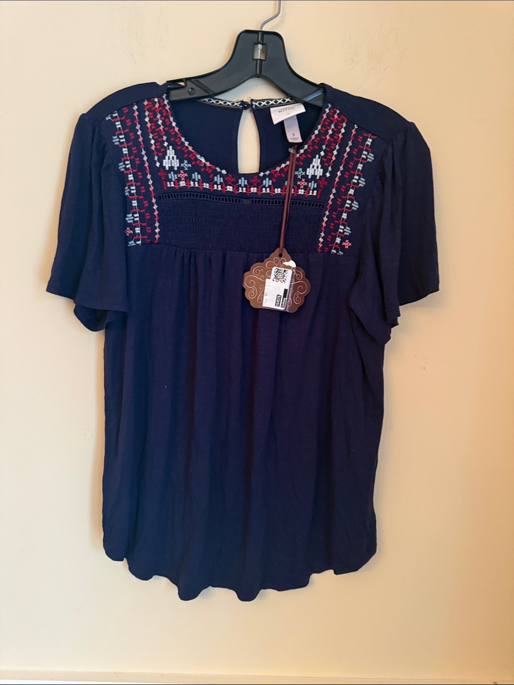 NWT Knox Rose Navy Embroidered Flutter Sleeve Blouse Size Small
